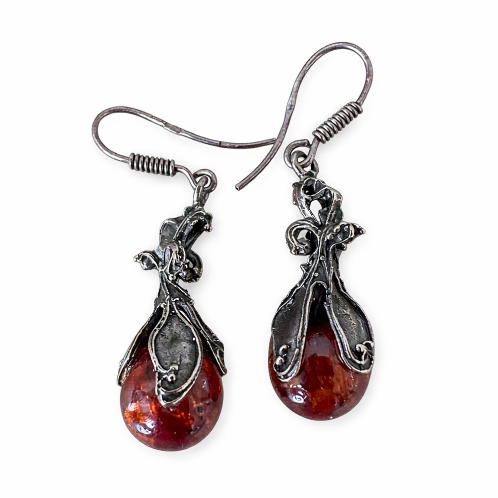 Vintage Amber Teardrop Dangle Earrings Silver Tone Floral Filigree